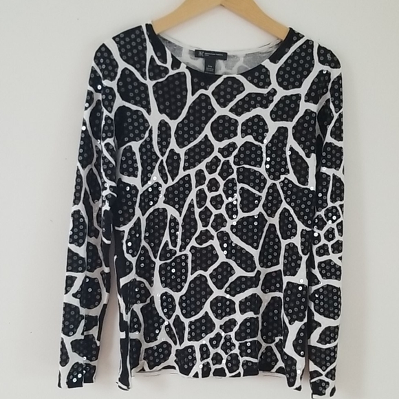 INC Giraffe black/white Sequined embellished Knit Long-sleeve Sweater, Size SP - Picture 9 of 14